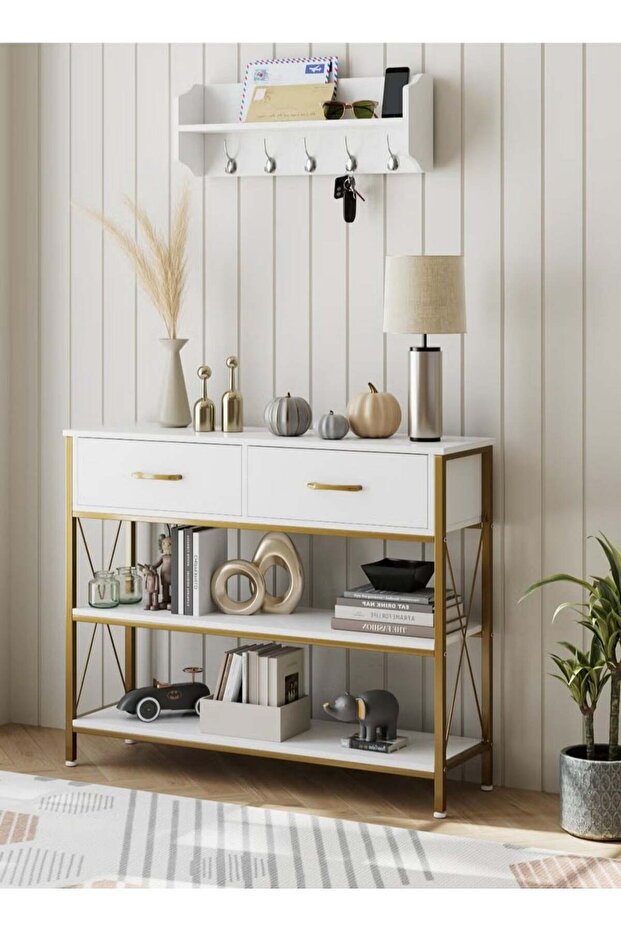 Console Table with 2-Tier Storage Shelves, Sofa Table with 2 Drawers, Side Buffet Table for Entr - 1