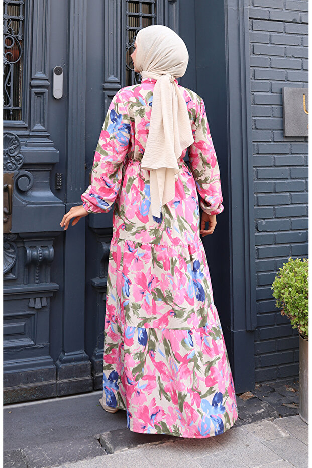 Modal Kumaş Beli Bağcıklı Elbise 0163-02 Pembe - 6