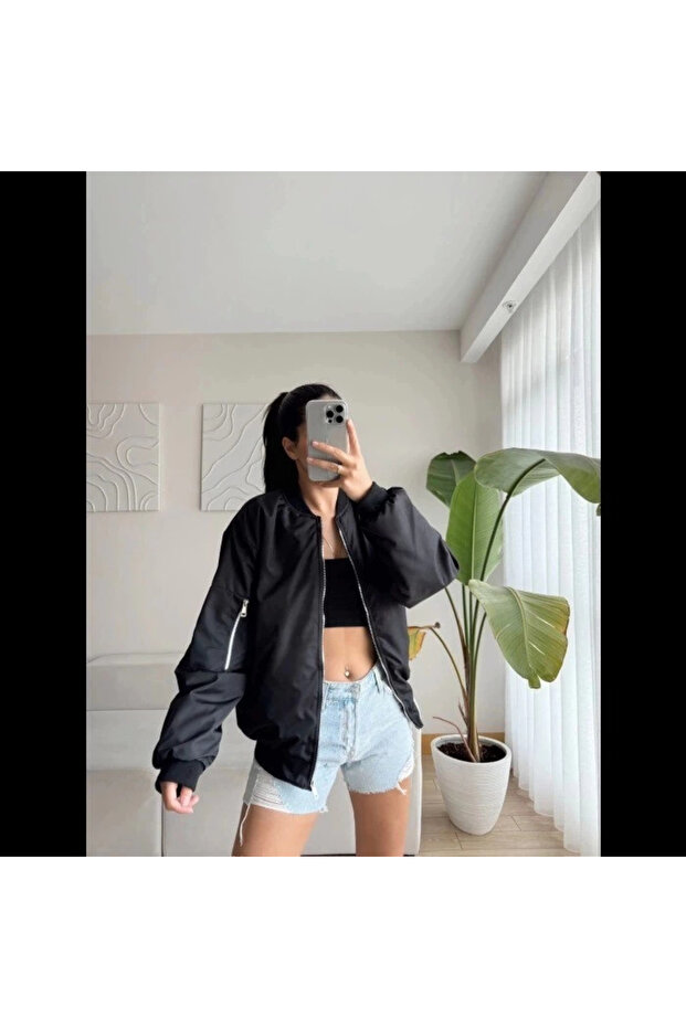 جاكيت بومبر سادة مبطن للجنسين - أسود - 3