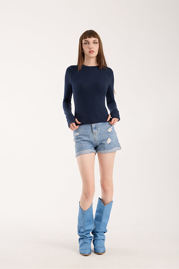 Women's Long Sleeve Fingerless Basic Bodysuit – Black, White, Burgundy, Navy Blue, Grey – S m L XL