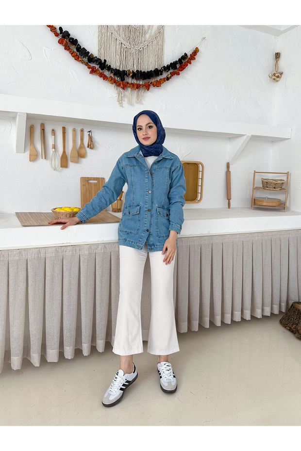 جاكيت من الدنيم مع جيوب وغطاء - 6