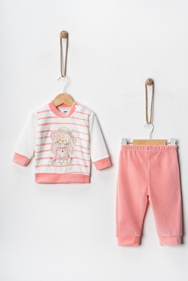 Baby Girl 3-6-9 Months Rabbit Printed Velvet Fabric Cuffed 2-Piece Top and Bottom Set Made from Own Fabric