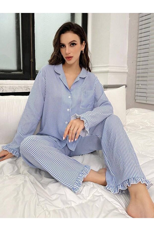Women's Buttoned Long Sleeve Blue Stripe Pajama Set
