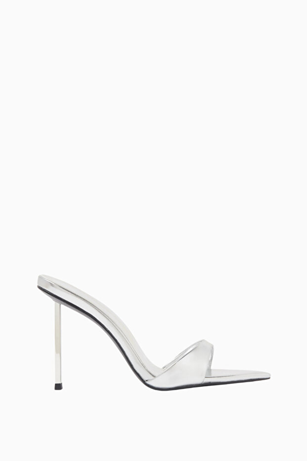 115 Silver Metallic Leather, Thin Heeled Pointed Toe Mule Slippers