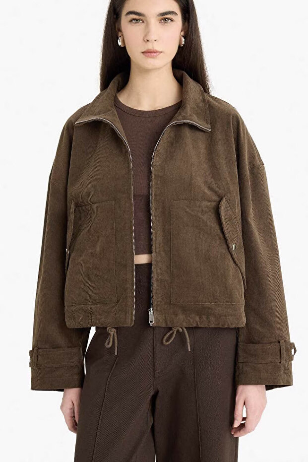 Waterproof Regular Fit Cotton Zippered Brown Women's Coat E8692Ax/Bn530
