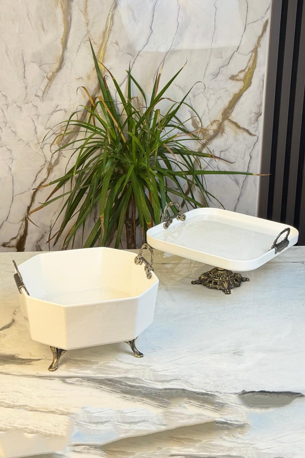 Antique 2 Piece Porcelain Bowl Plate Set & Food Salad Appetizer Serving Dish