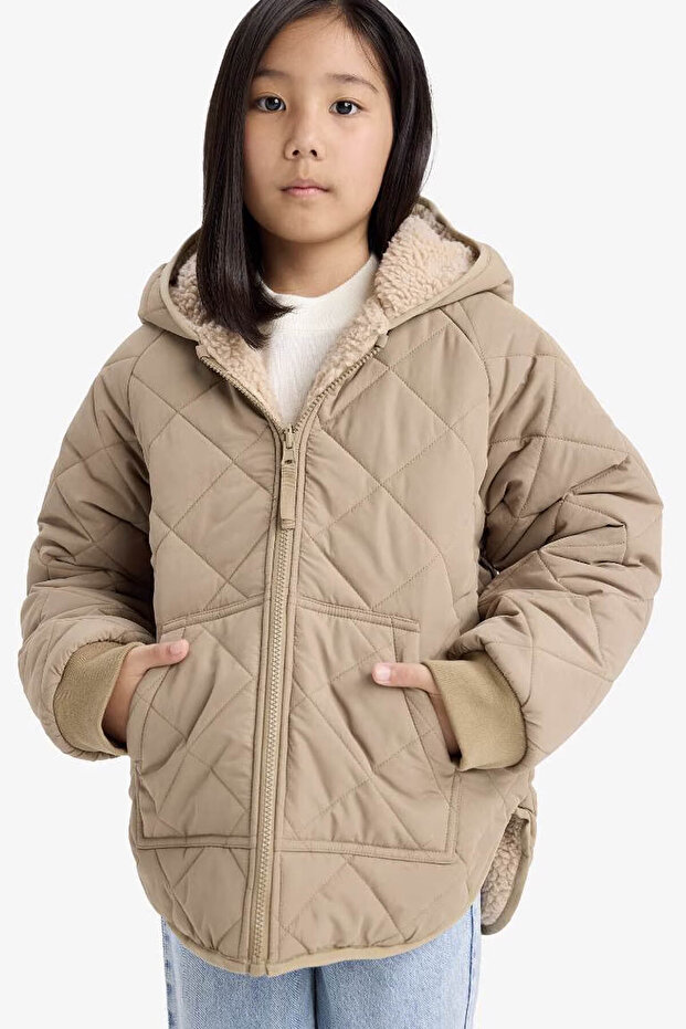 Double-Sided Hooded Zippered Quilted Beige Girl's Coat C5770A8/Bg406