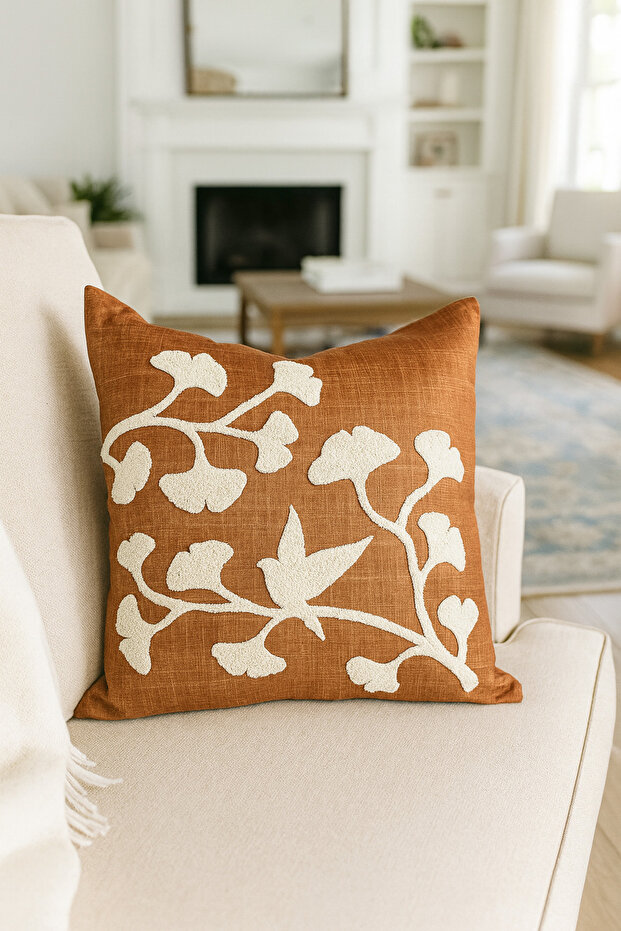 Punch Embroidered Cushion Cover - 43*43 cm - Ginkgo Tan - Pnk001