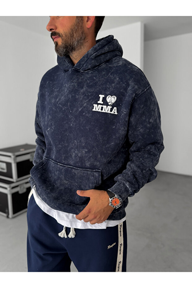 Lacivert MMA Yıkamalı Kapüşonlu Sweatshirt RES-1038 - 5