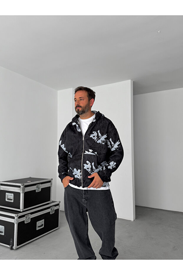 Siyah Yaprak Desenli Fermuarlı Sweatshirt HM-0016 - 4