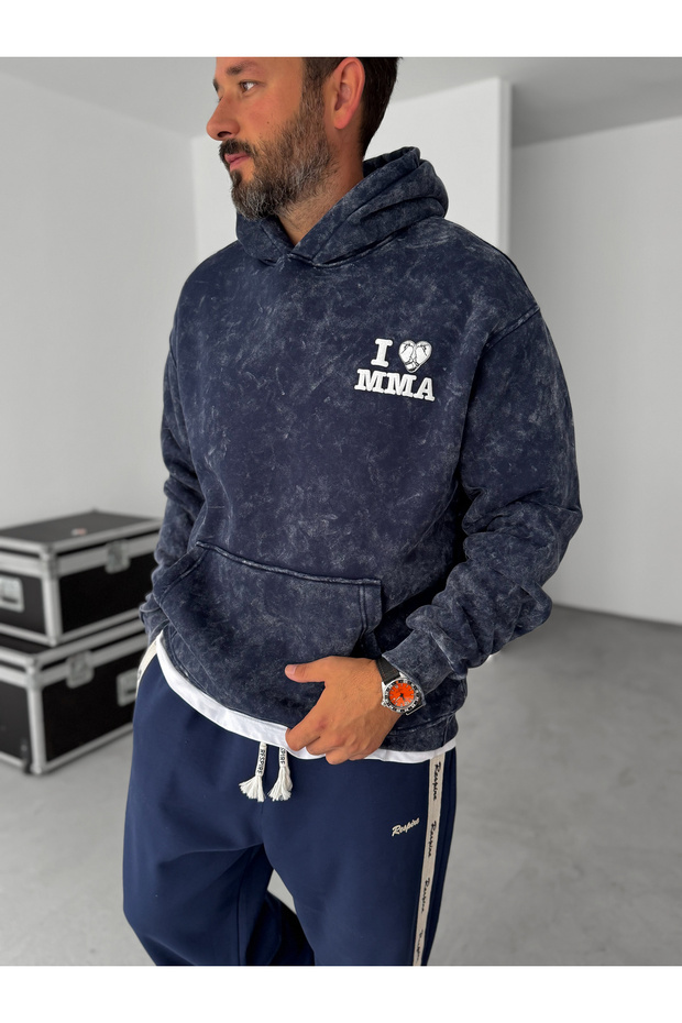 Lacivert MMA Yıkamalı Kapüşonlu Sweatshirt RES-1038 - 6