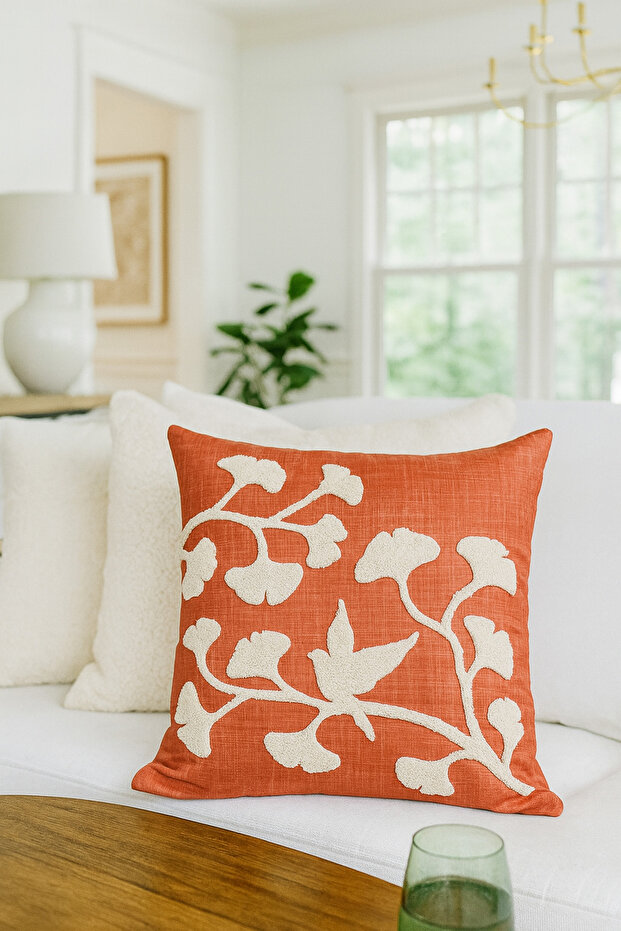 Punch Embroidered Cushion Cover - 43*43 cm - Ginkgo Orange - Pnk001