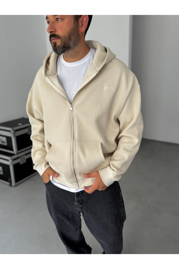 Beige Waffle Zippered Hooded Sweatshirt Hm-0012