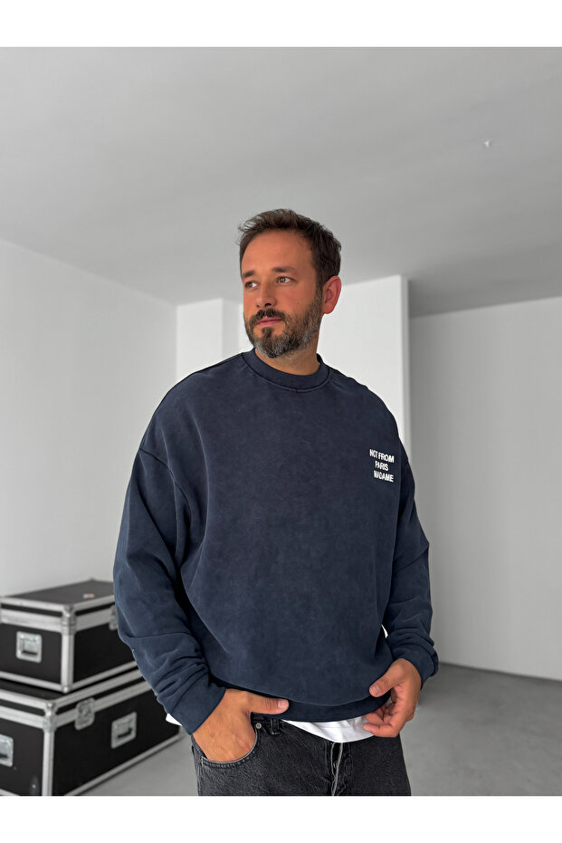 Lacivert Not Baskılı Yıkamalı Sweatshirt HM-0009 - 3