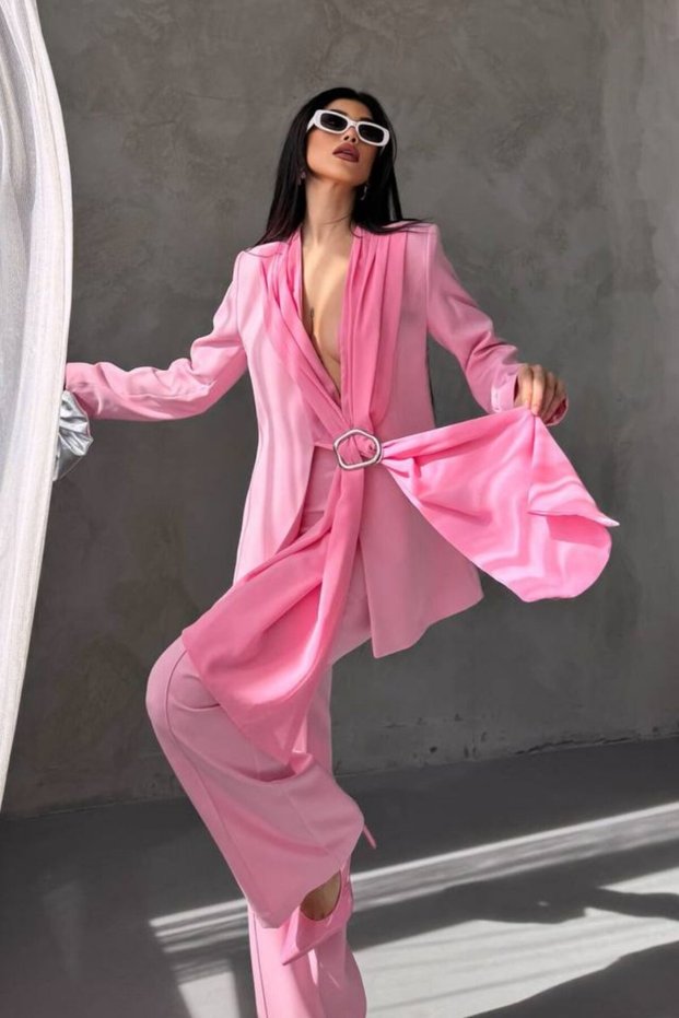 Women's Two-Piece Top and Bottom Set Stylish Shawl Collar Buckle Jacket Wide-Leg Pants Set