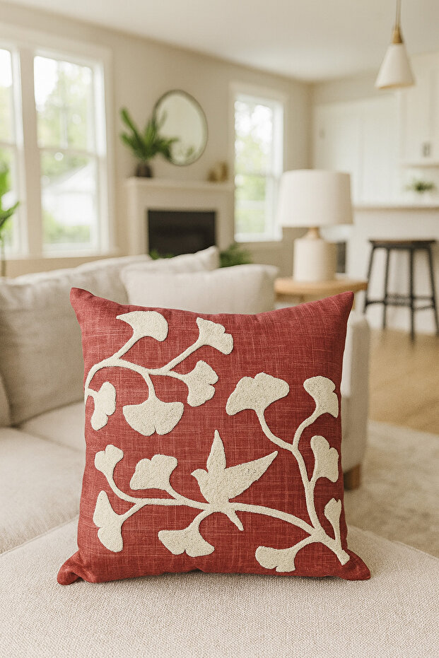 Punch Embroidered Throw Pillow Cover - 43*43 cm - Ginkgo Tile - Pnk001