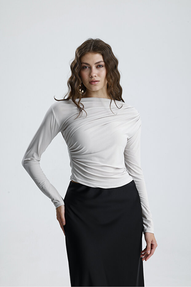 Women's Sandy Fabric Cross Drawstring Detailed Long Sleeve Blouse