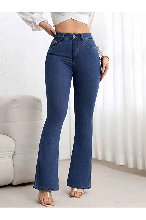 Melody Women's Navy Blue Jeans Flare Spanish Leg High Waist Denim Jeans Pants