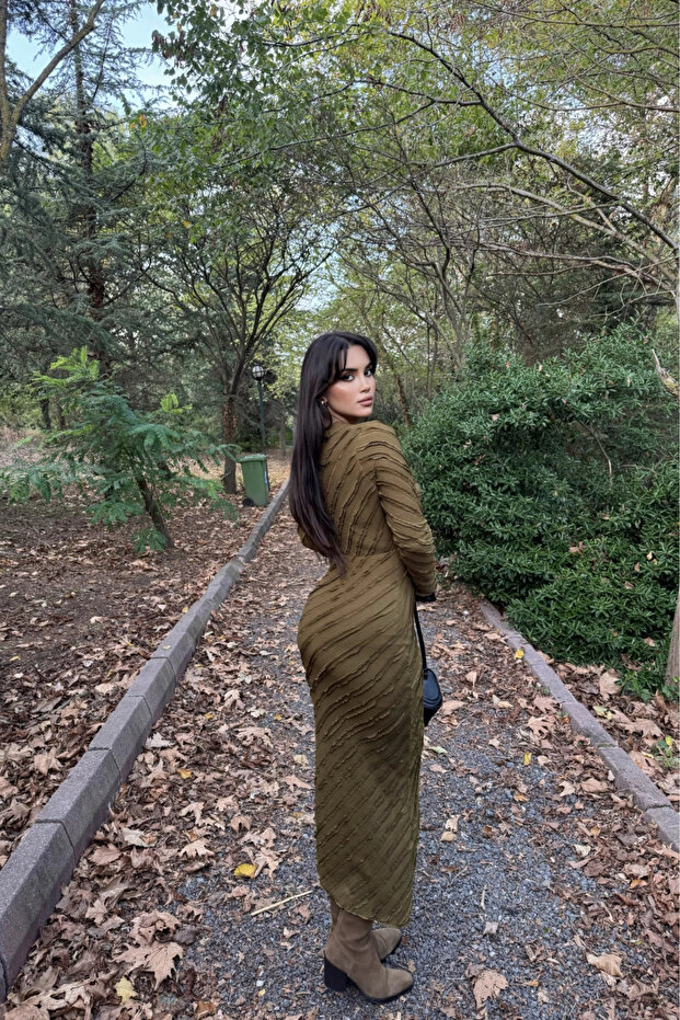 Ters Dikiş V Yaka Uzun Elbise - 5