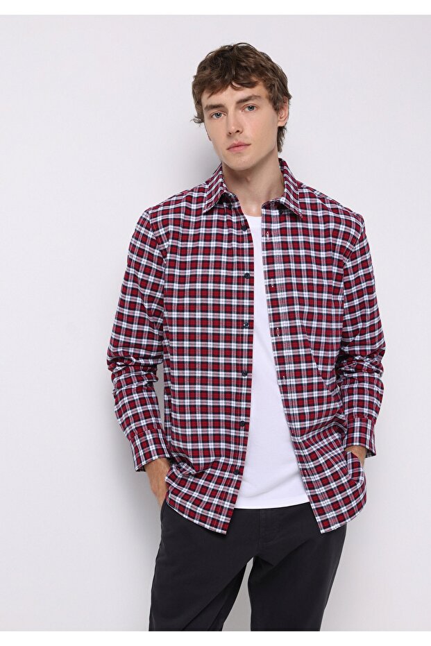 Regular Fit Shirt Neck Plaid Men's Red Long Sleeve Shirt
