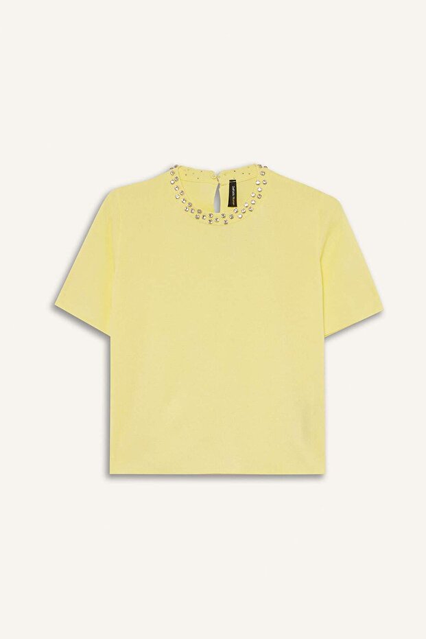 Regular Fit Bisiklet Yaka İşlemeli Krep Kısa Kollu Triko Kazak F7894AX25AU - 1