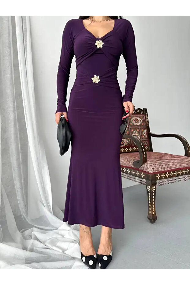 ÖNÜ ÇİFT TOKALI UZUN ELBISE - 5