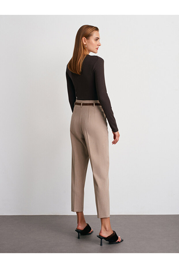 72181 Kemerli Yüksesk Bel Pantolon-Vizon - 2