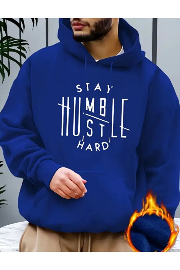 Stay Hard Print Detailed Hooded Sweatshirt with Fleece Inside