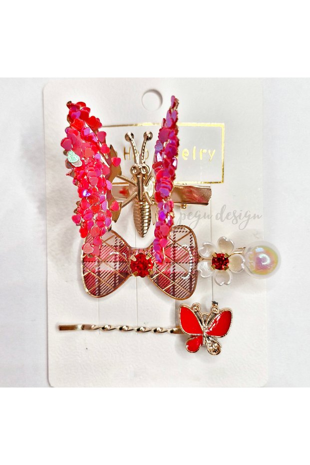Red Stone Set of 3 Butterfly Hair Clips, School Nursery Teenager, Children's Clip 08