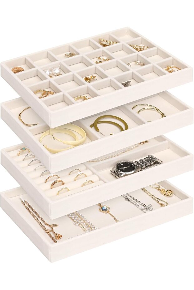 4 Jewelry Organizer Drawer Insert, Stackable Velvet Jewelry Tray Organizer Display Case Sto