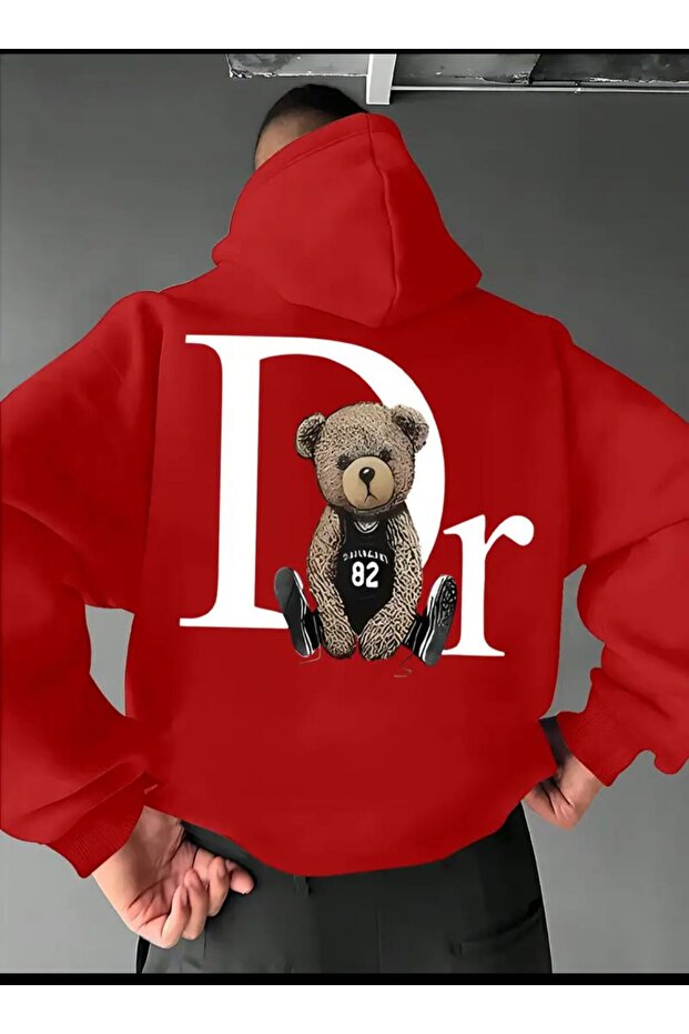 Back Bear Print Detailed Hooded Sweatshirt with Fleece Inside