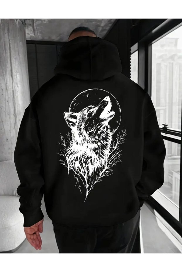 Back Wolf Print Detailed Fleece Lined Hooded Sweatshirt