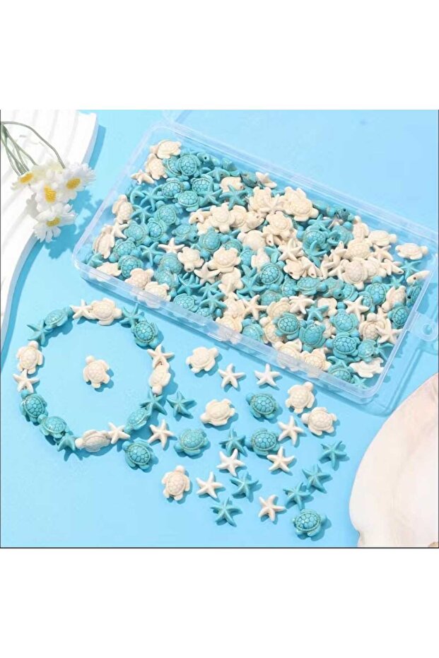 2 Models Starfish and Turtle 40 Pieces Cream and Blue Squeeze Natural Stone Necklace Bracelet
