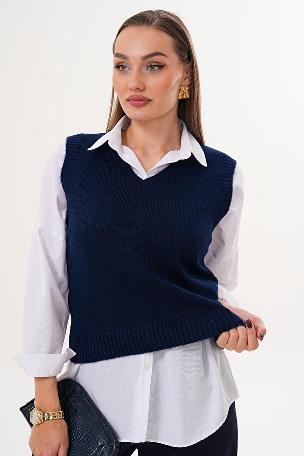 Kadın V Yaka Şardonlu Triko Örme Süveter 255169 - - 1