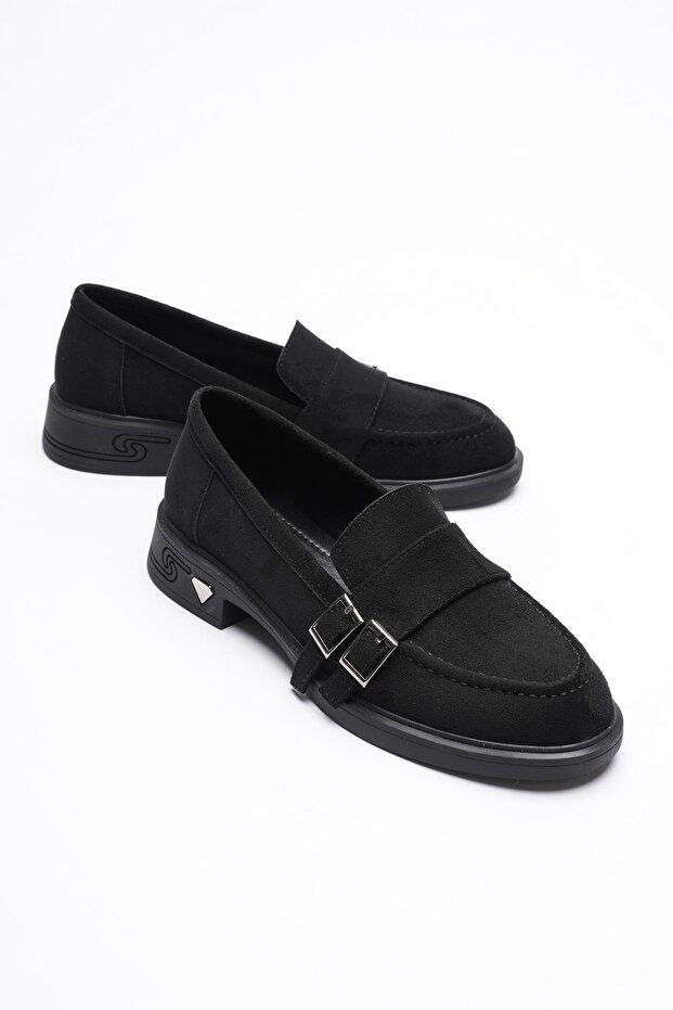 Women's Suede Loafer Platinum Buckle Black Viva