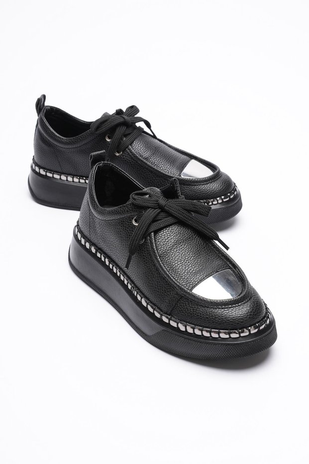 Women's Leather Sneaker Sports Shoes Platinum Detailed Lace-Up Black Vina
