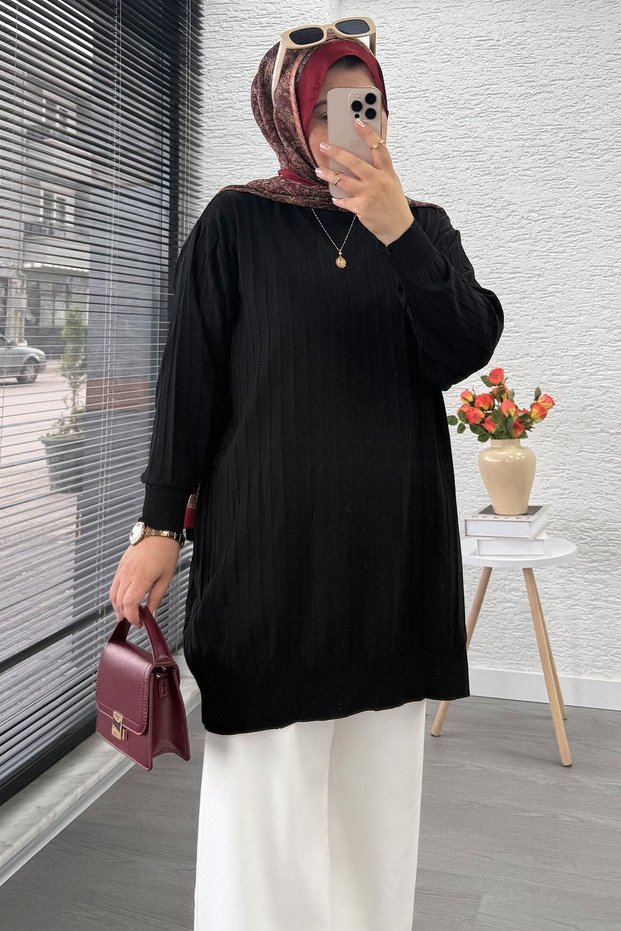 Ribbed Mercerized Oversize Women's Sweater - Black