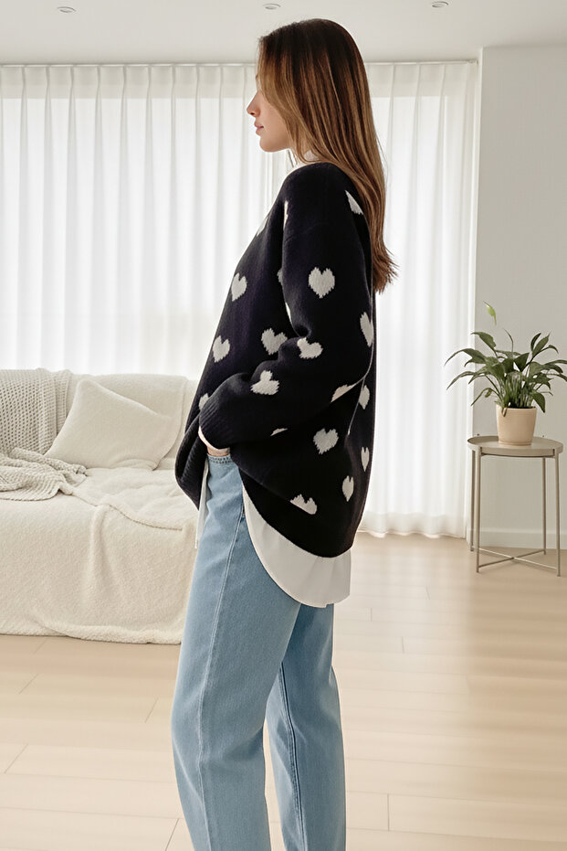 Yumuşak Dokulu Kalp Desenli Yumoş Kazak - Siyah - 3