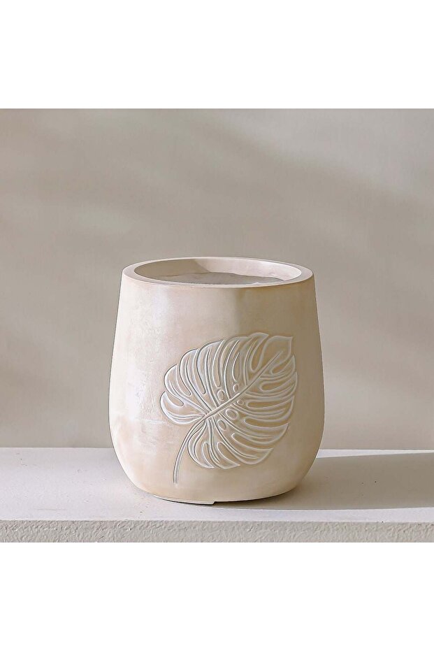 Leaf Design Fibre Clay Planter | Lightweight & Durable Pot for Home & Office Plants - 21.5x22 cm