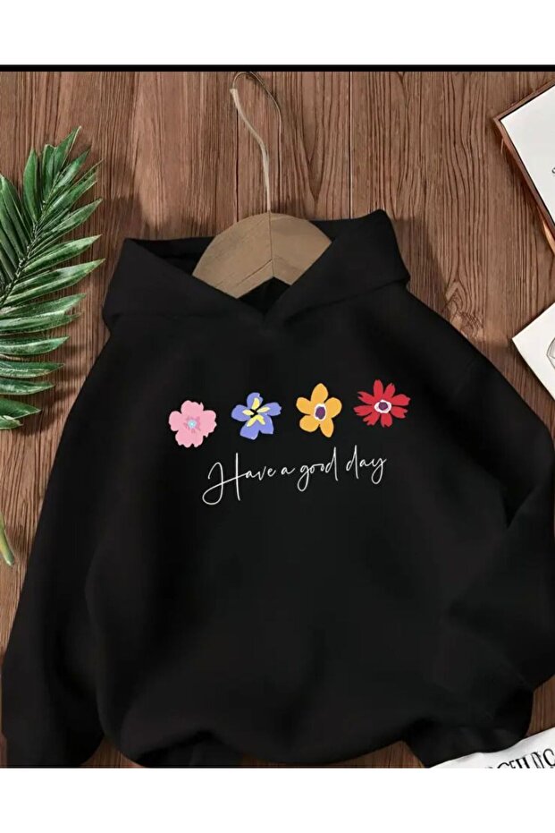 Have a Good Day Print Detailed Hooded Sweatshirt with Fleece Inside