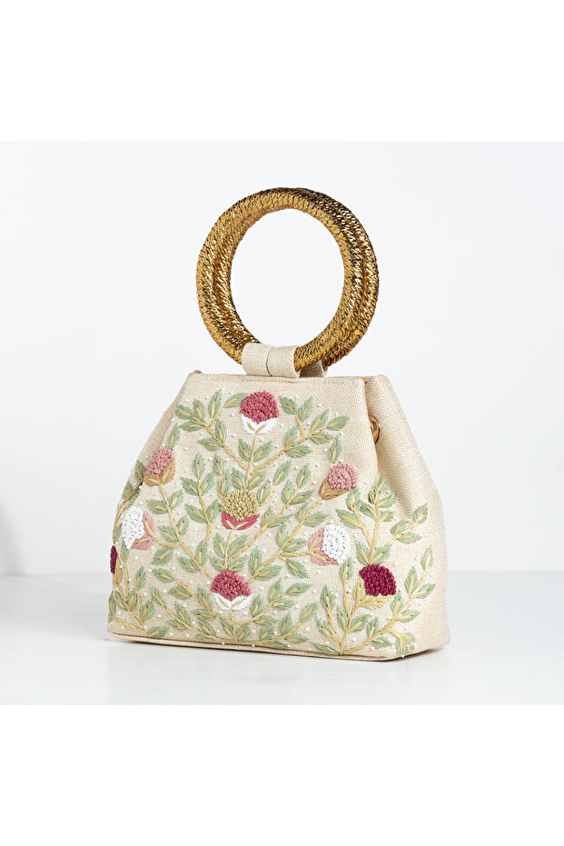 Mexi Handcrafted Nature Embroidered Design Bracelet Ring Satchel Bag for Casual & Evening Party