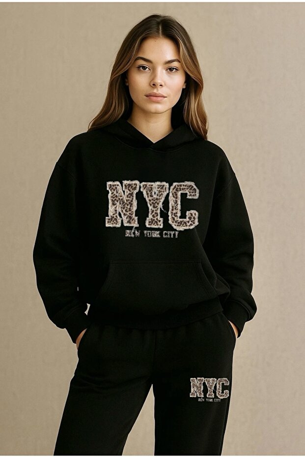Leopard Nyc Printed Unisex Women/Men Hooded Oversize Bottom/Top Tracksuit Set