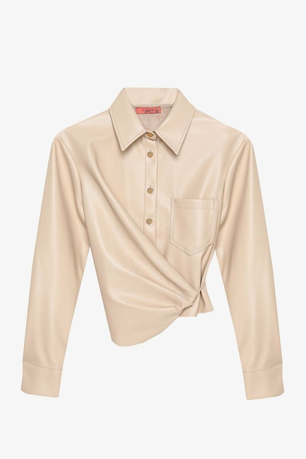 Beige Leather Shirt with Tie Detail for Women 26KGML01113-Beige