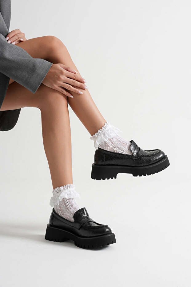 Women's Daily Comfortable Loafer Black Crocodile