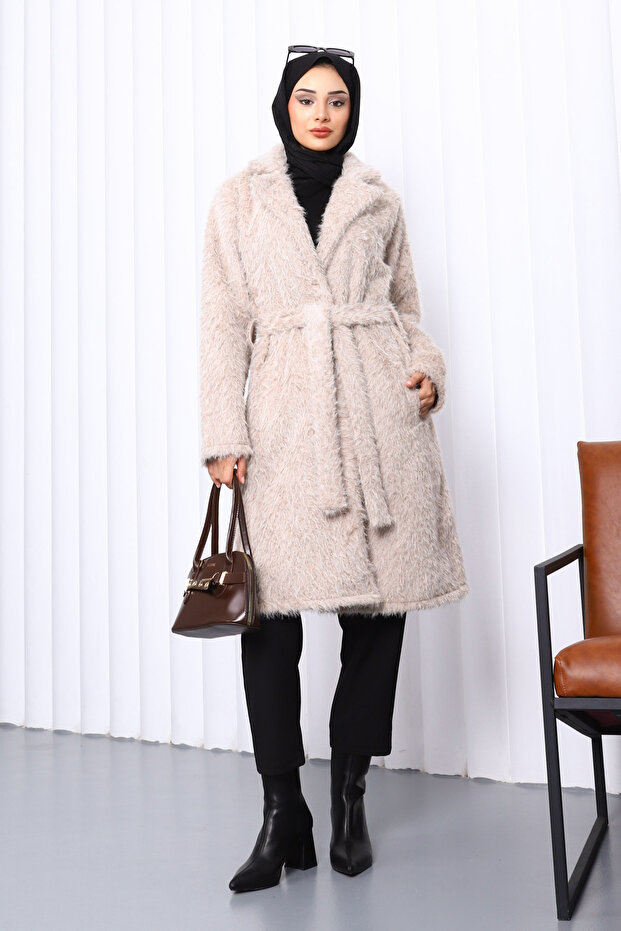 Stone Buttoned Long Pocket Fur Coat