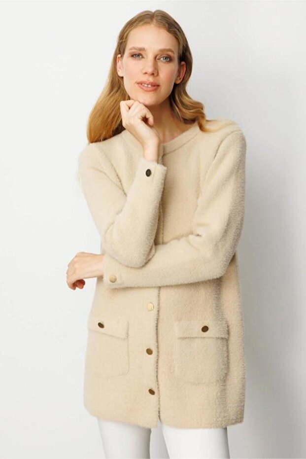 25007 Triko Afrodi̇t Medium Length Jacket with Front Flap Pocket and Metal Buttons - 2