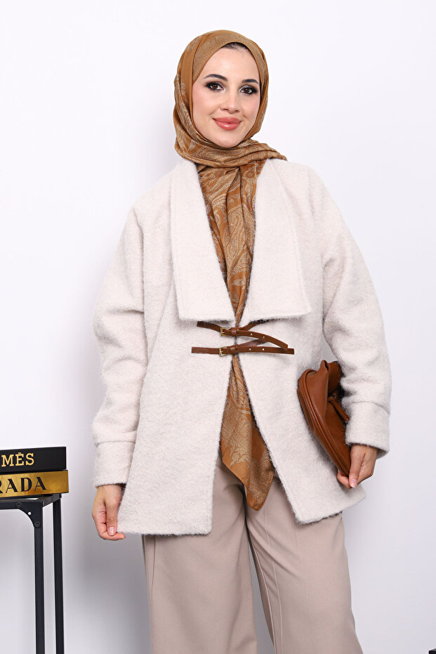 Beige Belt Detailed Cashmere Coat