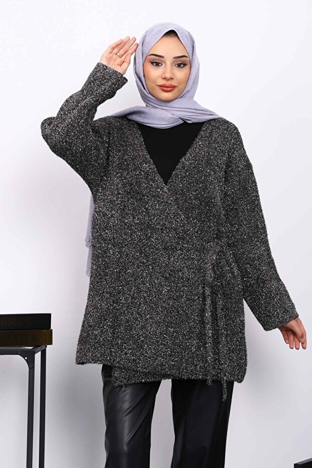 Silver Waist Belted Glitter Cardigan
