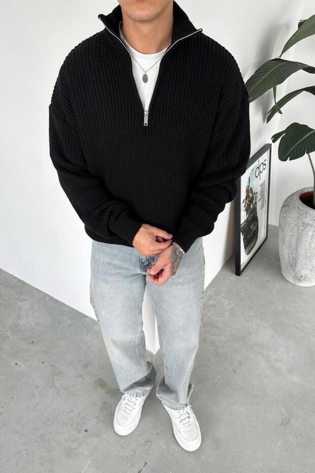 Black Half-Zip High Neck Knit Sweater