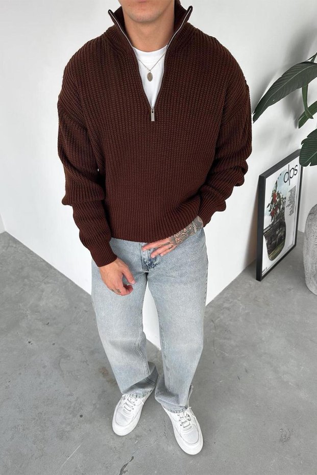 Brown Half-Zip High Neck Knit Sweater